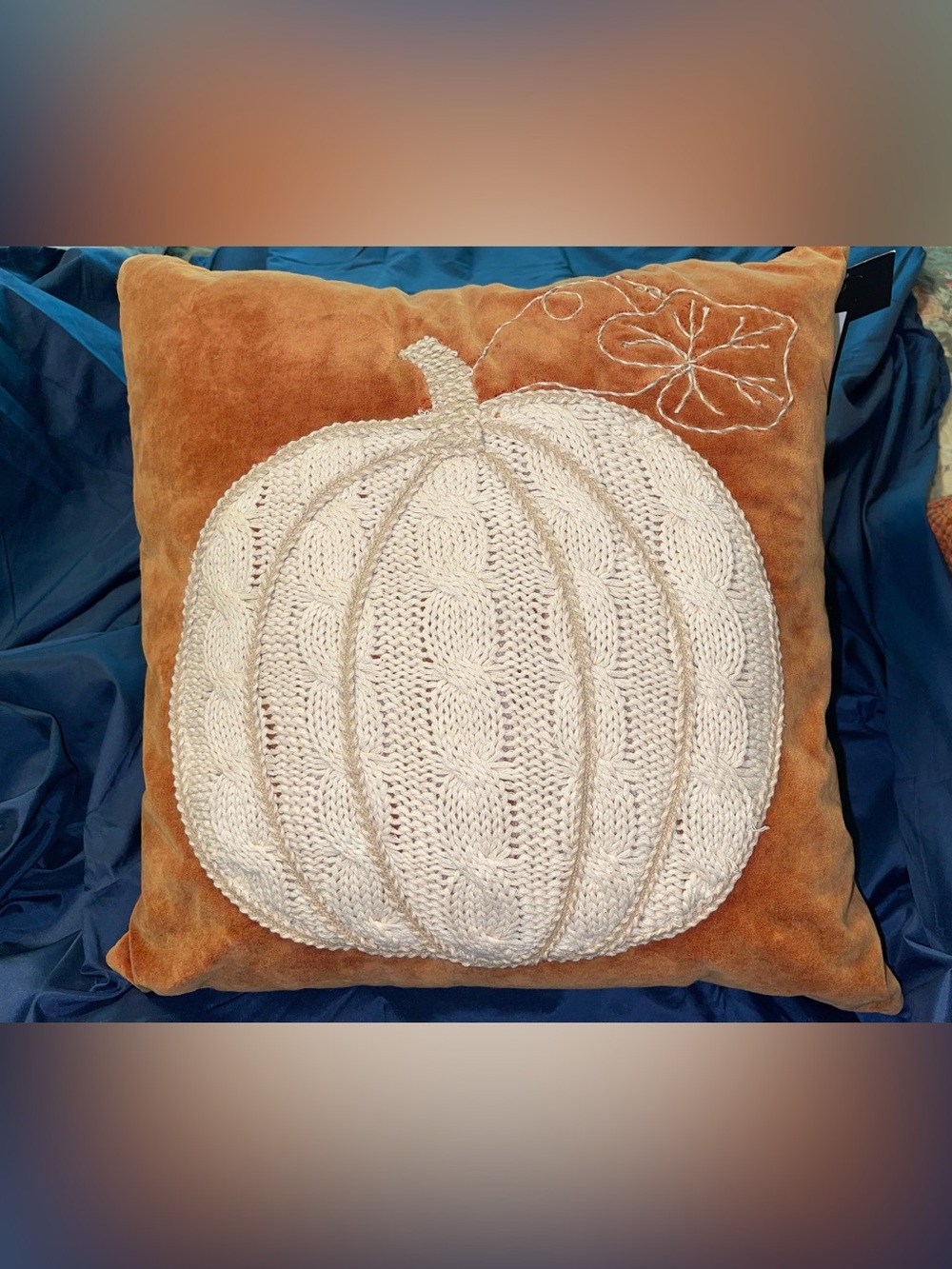 Cozy Cream Knit Pumpkin Accent Pillow in Orange